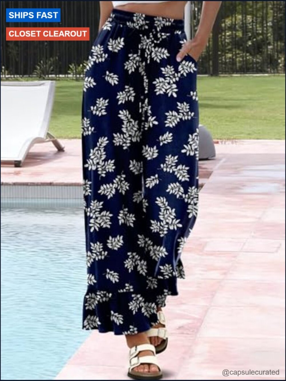 Wide Leg Palazzo Lounge Pants Drawstring Elastic High Waisted Ruffle Hem Pockets - Picture 5 of 5